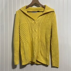 Liz Claiborne Yellow CableKnit Polo Sweater L V Neck Collared Y2K Preppy Cottage